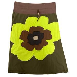 Soul Flower Boho Vintage Aline Skirt with Flower Appliqué- XL - Brown/Green